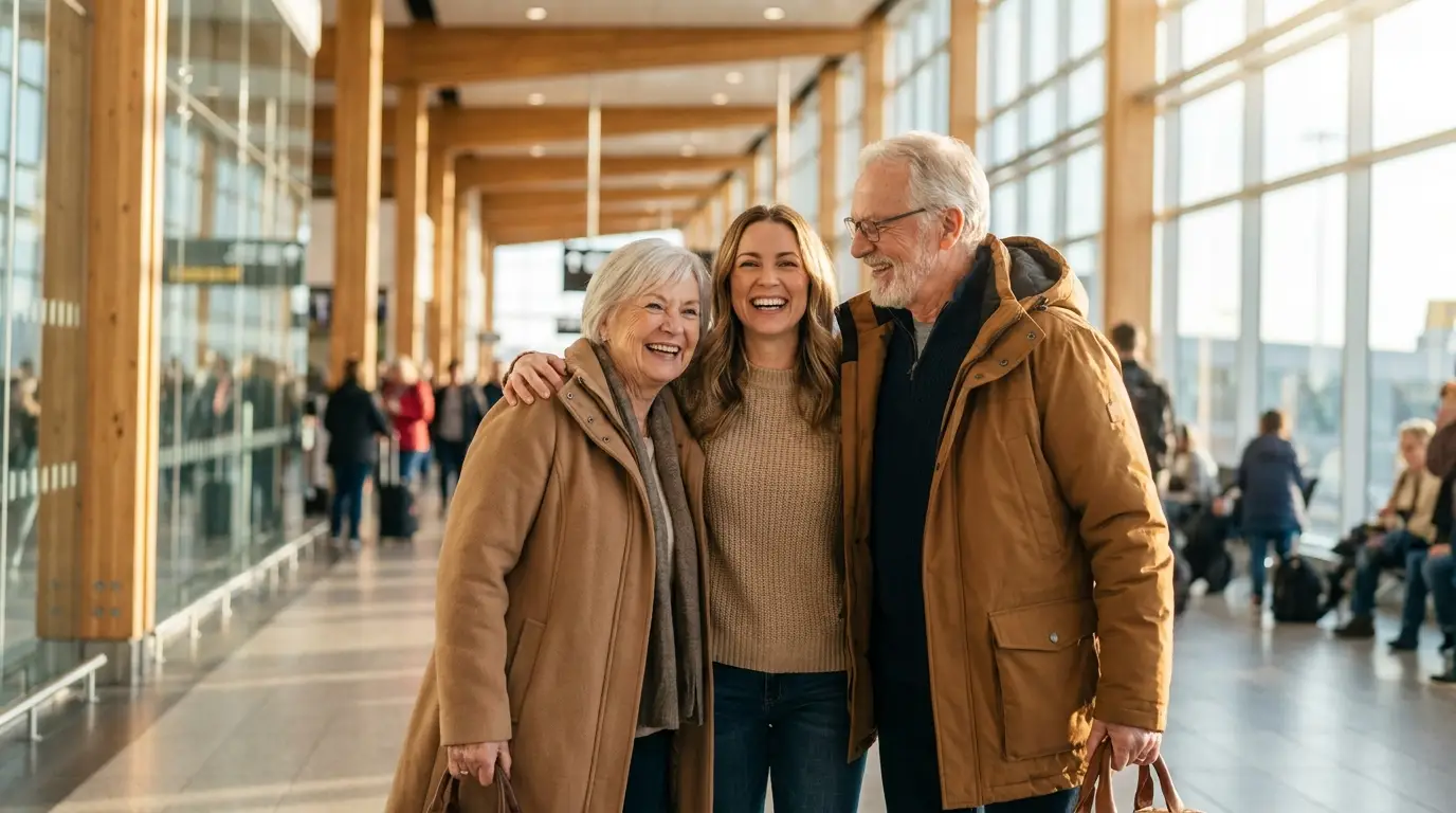 Grandparents welcomed by family at a Canadian airport